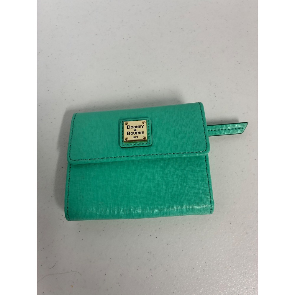 Dooney & Bourke Teal Green Saffiano Leather Trifold Wallet Gold Logo Snap